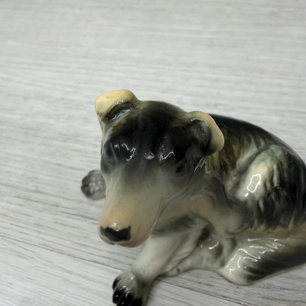 Porcelain Dog Figurine Collie Puppy Gray Black Tan Glazed Marked Base 3inch